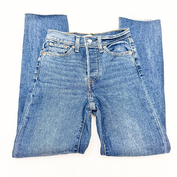 Levi's Wedgie Straight Dark Wash Button Fly Denim Jeans Raw Hem Size 24 - Picture 4 of 9